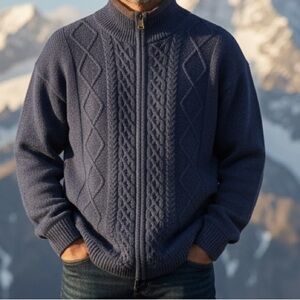 Aran Woolen Mills Men Sz L Cardigan 100% Wool Cable Knit Fisherman Zipper Blue